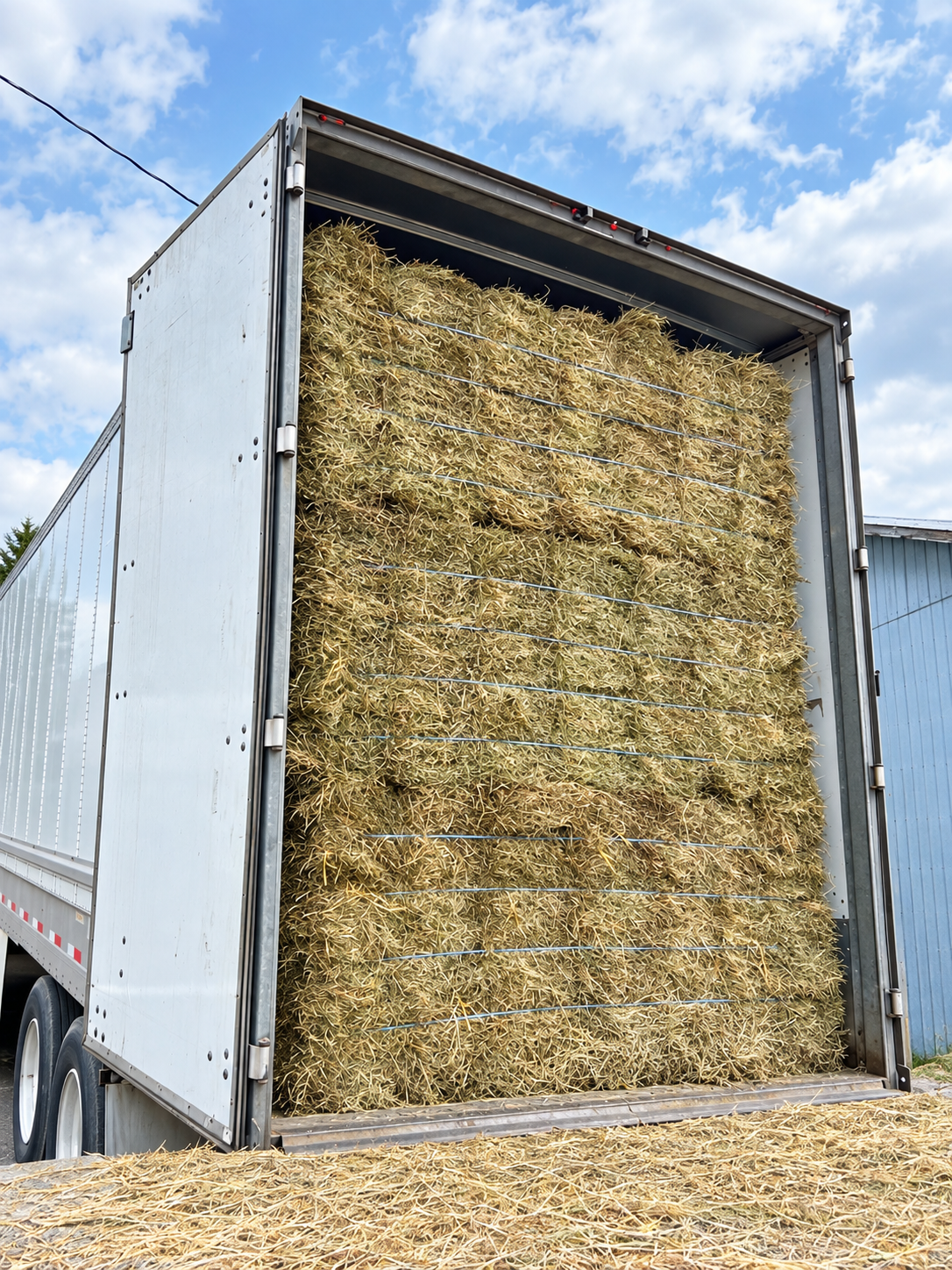 Open rear of a dry van filled with hay bundles