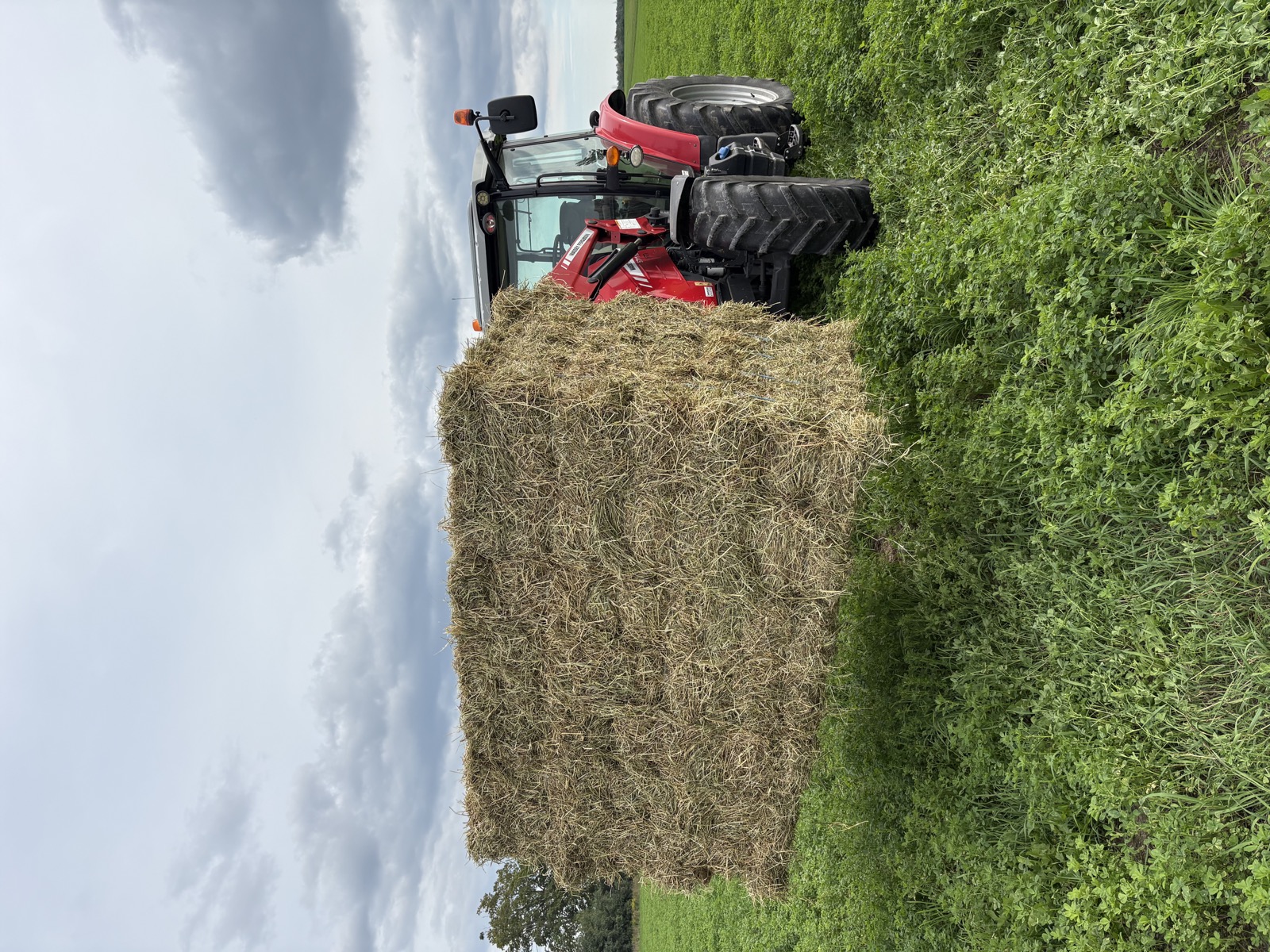 HAY 365 tractor carrying hay in a field