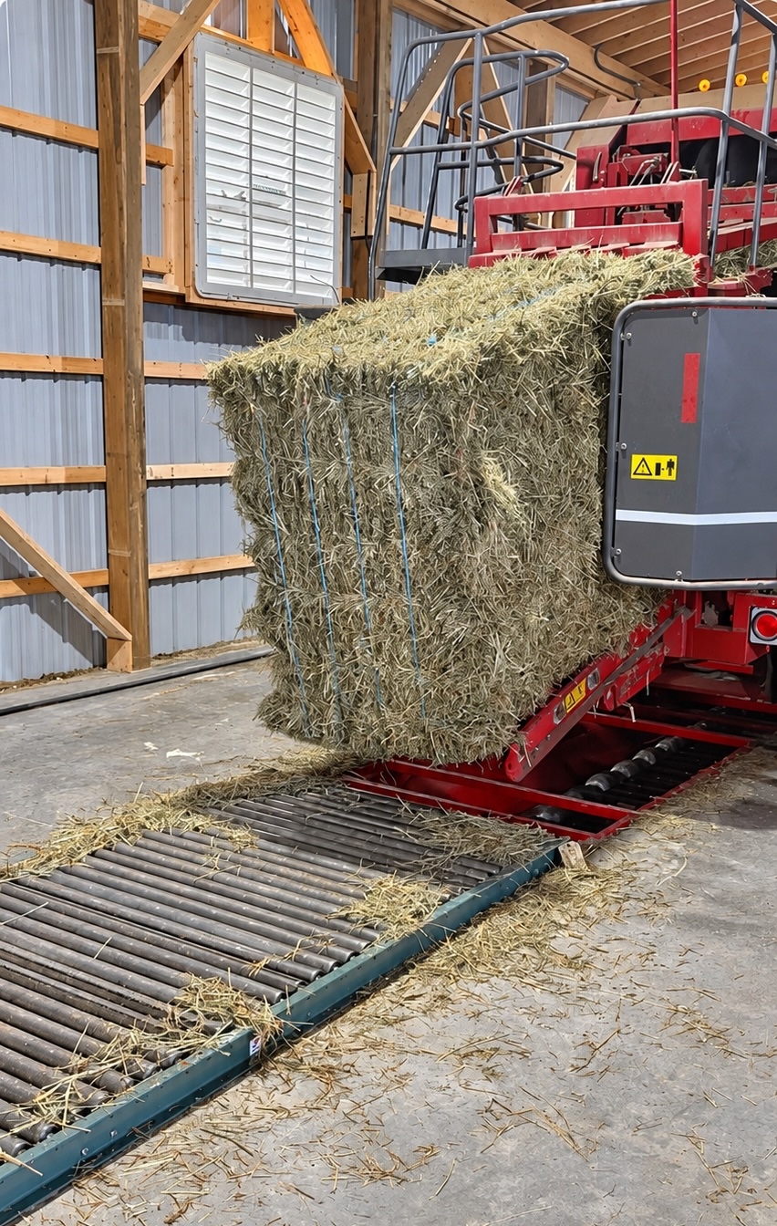 Hay bundle on indoor processing equipment beside a roller conveyor